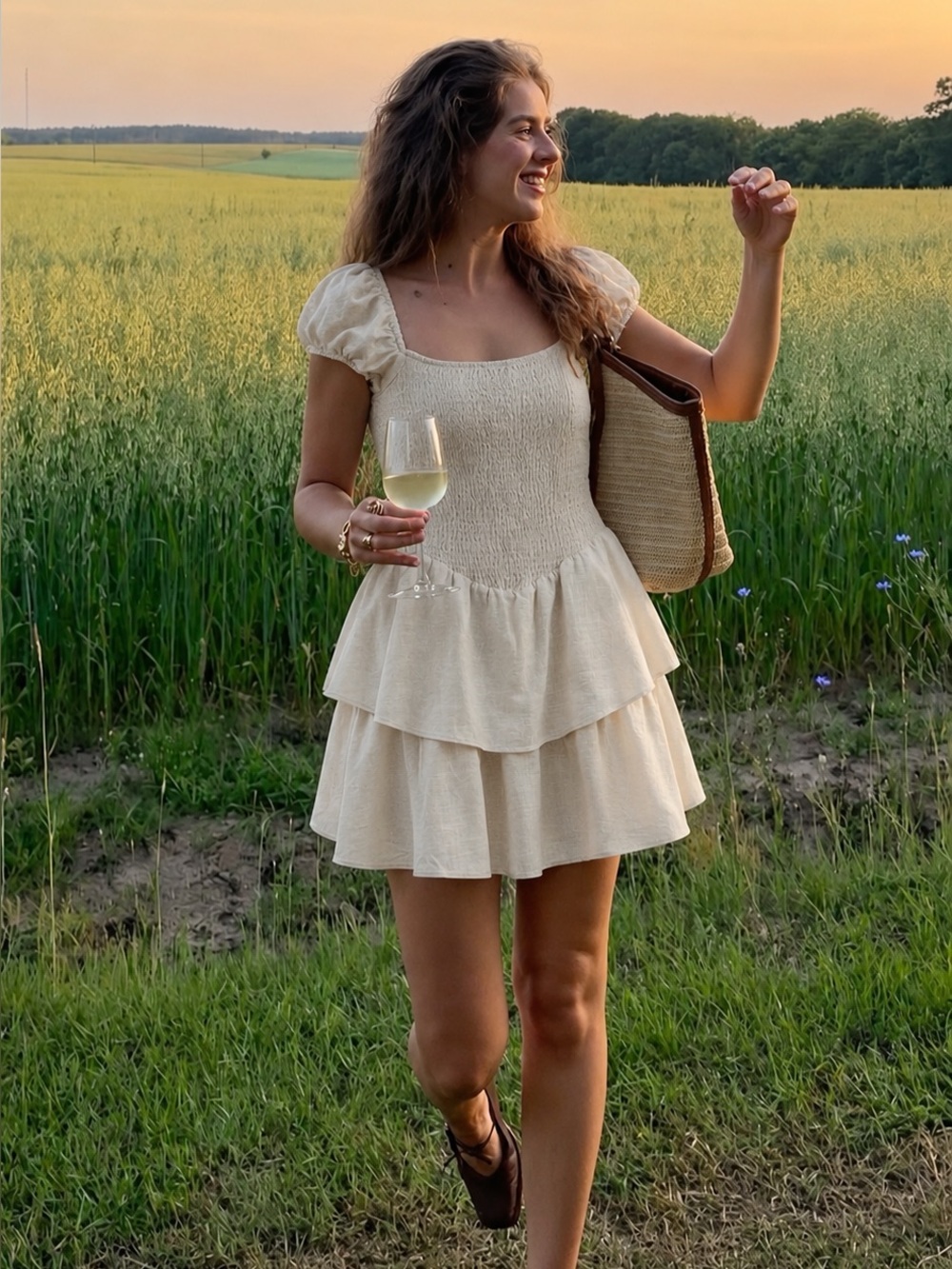 H&M Cream Linen Blend Smocked Basque Drop Waist Puff Sleeve Small Mini Dress